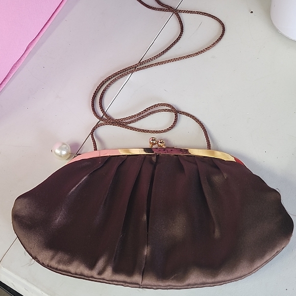 La Regale Chocolate Satin Clutch with Gold Trim - Picture 1 of 2